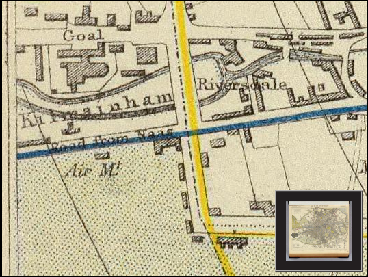 Clos-up of Letts, Son & Co. London 1883 Map of Dublin showing "Road from Naas" along the blue tram route line. Map available online at http://www.davidrumsey.com/luna/servlet/s/js95yj