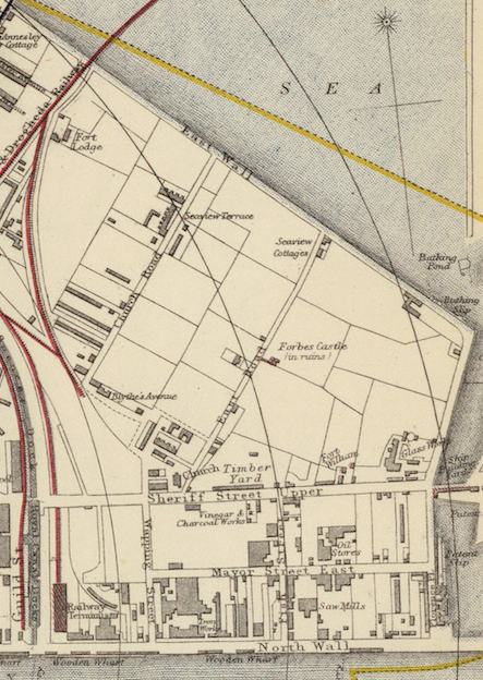 Section of the 1883 Letts, Son & Co. Plan of the City of Dublin" map in David Rumsey's online map collection. The road bordering the sea is the part of Wharf Road the boys traverse.