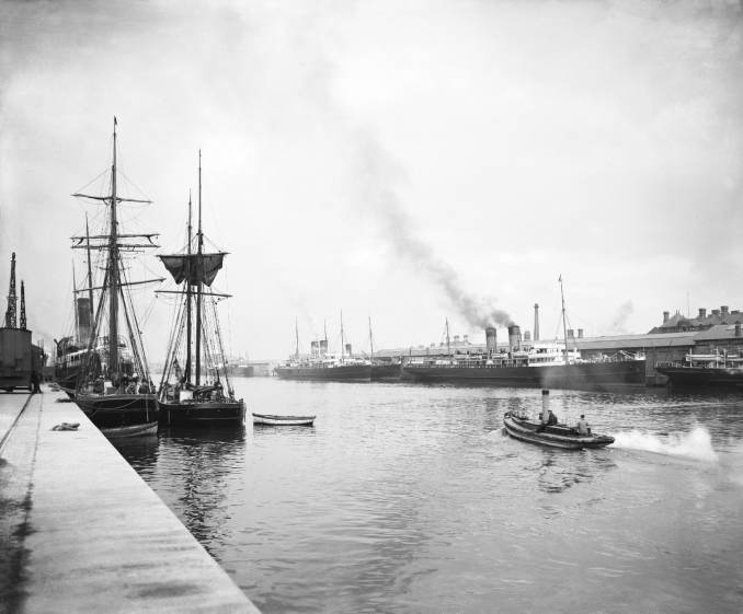 The National Railway Museum has digitized this photo from its collections with the following description: "Sailing ships and steam passenger ferries at North Wall docks, Dublin, about 1906."