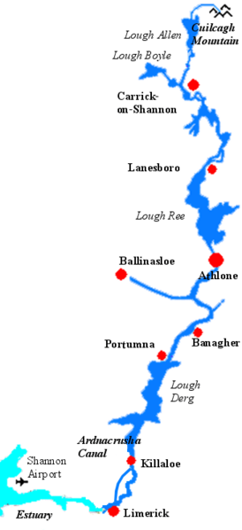 The path of the River Shannon through Ireland. ("ShannonRiversml" by Seabhcan at the English language Wikipedia. Licensed under CC BY-SA 3.0 via Wikimedia Commons - http://commons.wikimedia.org/wiki/File:ShannonRiversml.png#mediaviewer/File:ShannonRiversml.png)