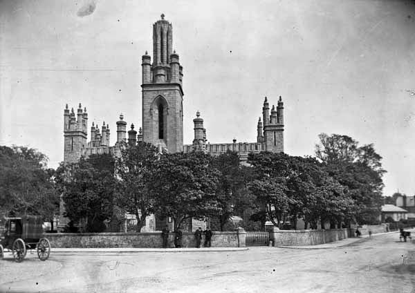 Monkstown Church, exterior, Monkstown, Co. Dublin. Photograph by Eason and Son, between 1900 and 1939. From the digitized Eason Photograph Collection at the National Library of Ireland. This is not the original abbey connected to the churchyard, but a rebuild of a church originally established in the area in 1789.