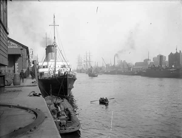 This photo of the North Wall shows some of the docks and ports along the eastern end of the Liffey. Photographed by Robert French between 1865 and 1914. From the National Library of Ireland's digitized Lawrence Photograph Collection. 