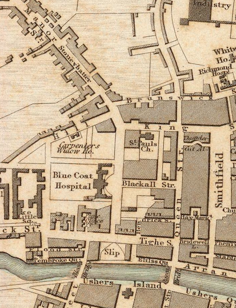 A section of an 1836 map showing "Stoneybatter" (as opposed to "Stoney Batter" as indicated in "The Dead") just north of Usher's Island.